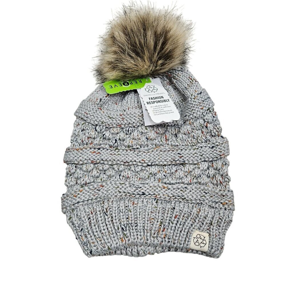 Unbranded NWT Winter Knitted Beanie Faux‎ Fur Pom Gray Warm Stretchy Adult